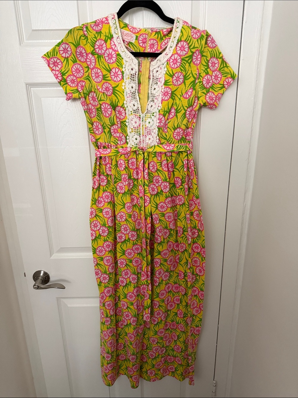 Vintage 1960/1960 Lilly Pulitzer Yellow Pink Floral Crochet-Trim Dress